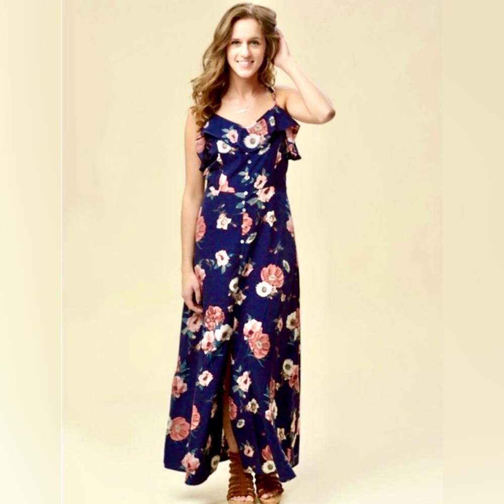 Altar’d State Floral Navy Pink White Maxi Dress Medium Garden Party Cottagecore